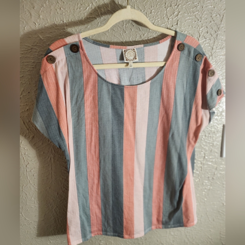 TRUESELF Striped Button-Shoulder Top